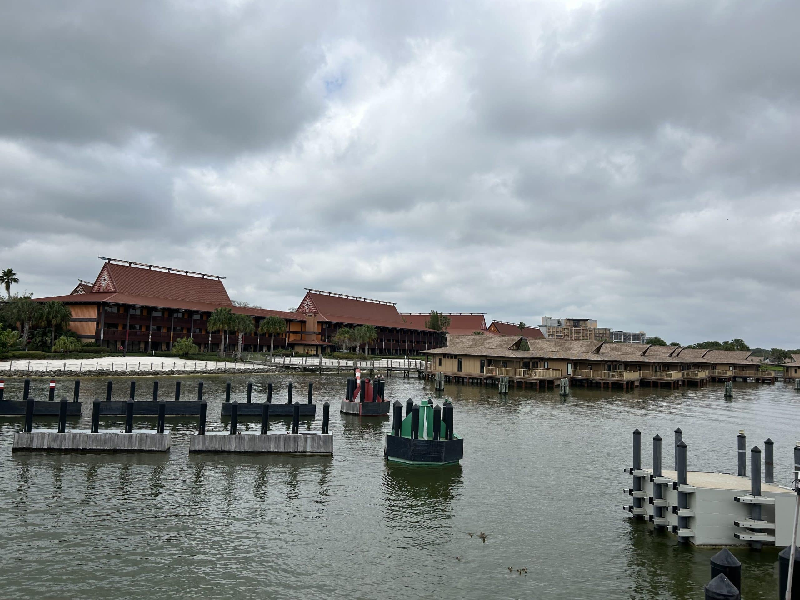 view of the Polynesian resort from the ferry at the transportation and ticket center