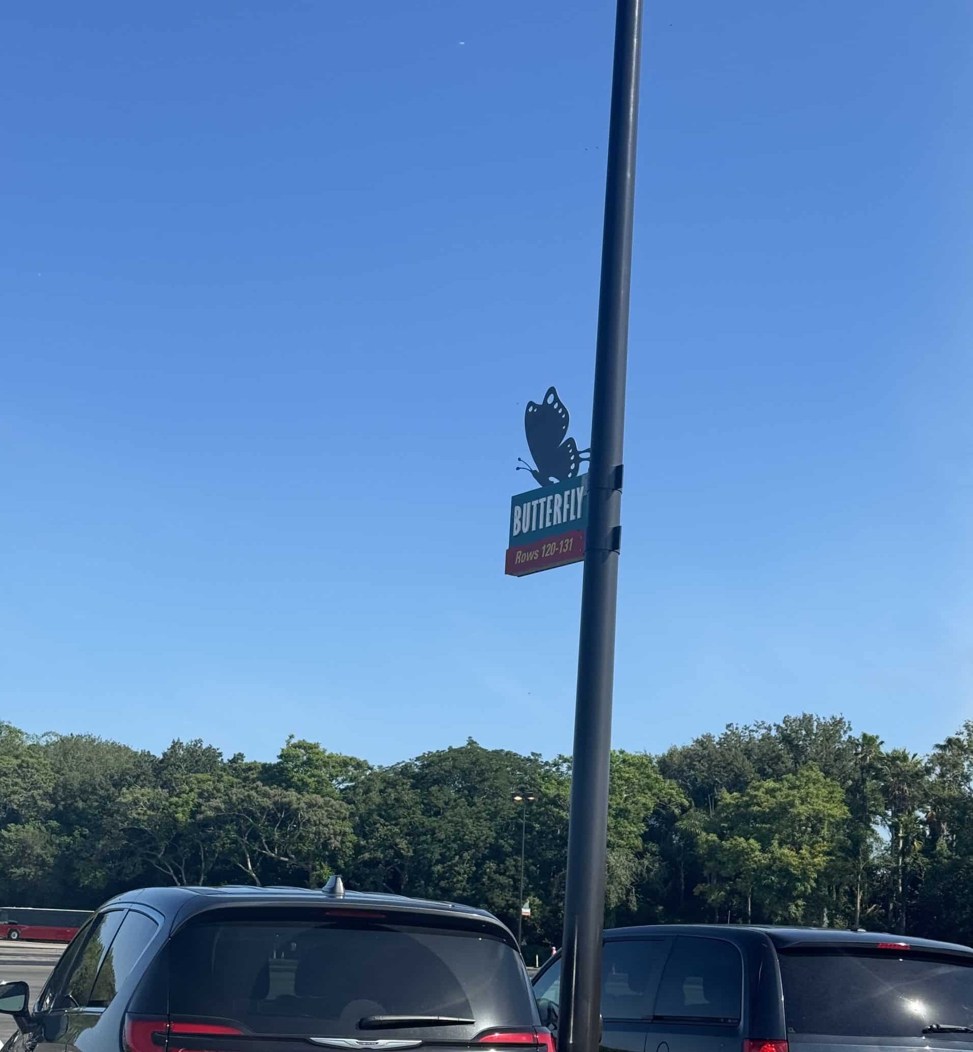 picture of the Butterfly parking section sign in Animal Kingdom's parking lot