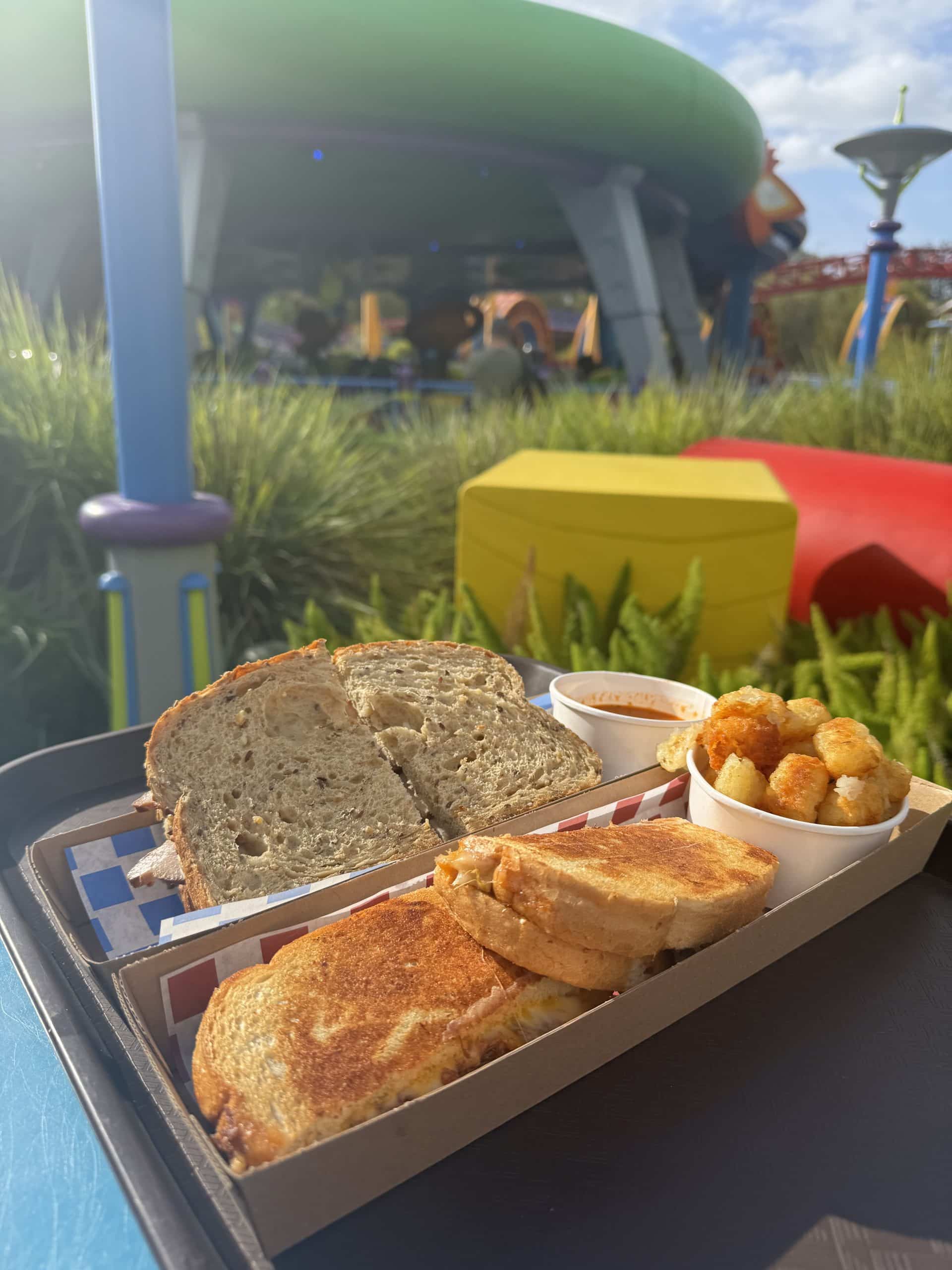 grilled cheese sandwich from Woody's Lunchbox in Hollywood Studios