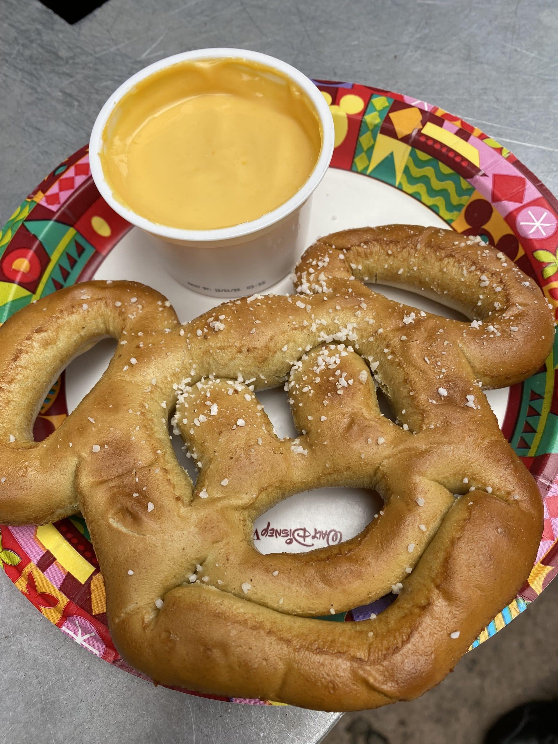 Mickey pretzel with cheese dip