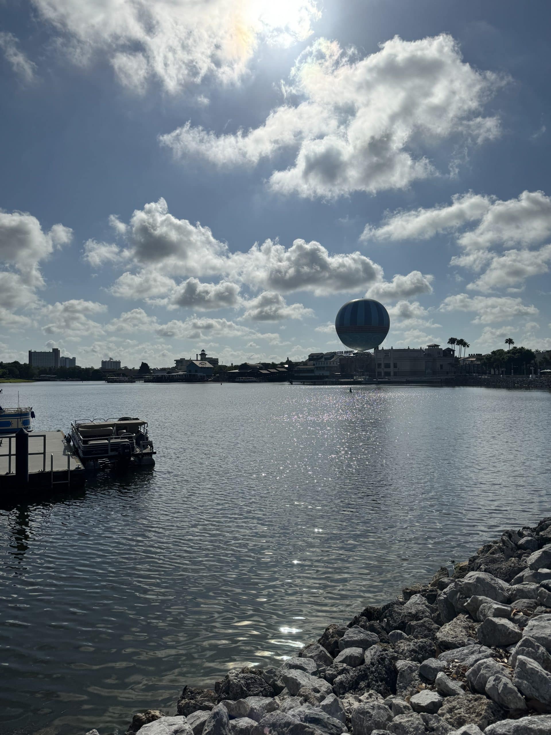 hot air balloon at Disney Springs from across the water