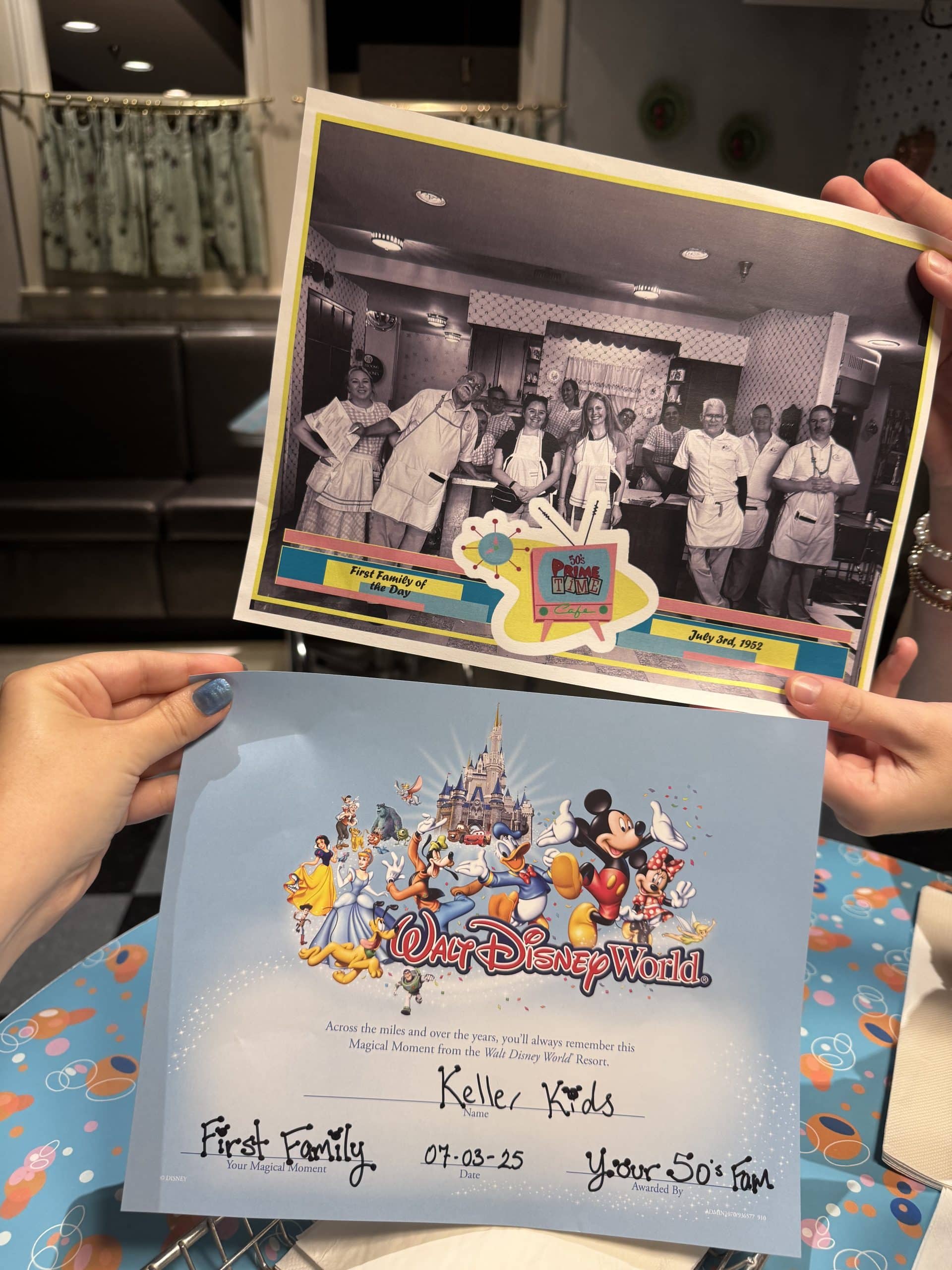 family of the day photo and certificate from 50s Prime Time Cafe at Hollywood Studios