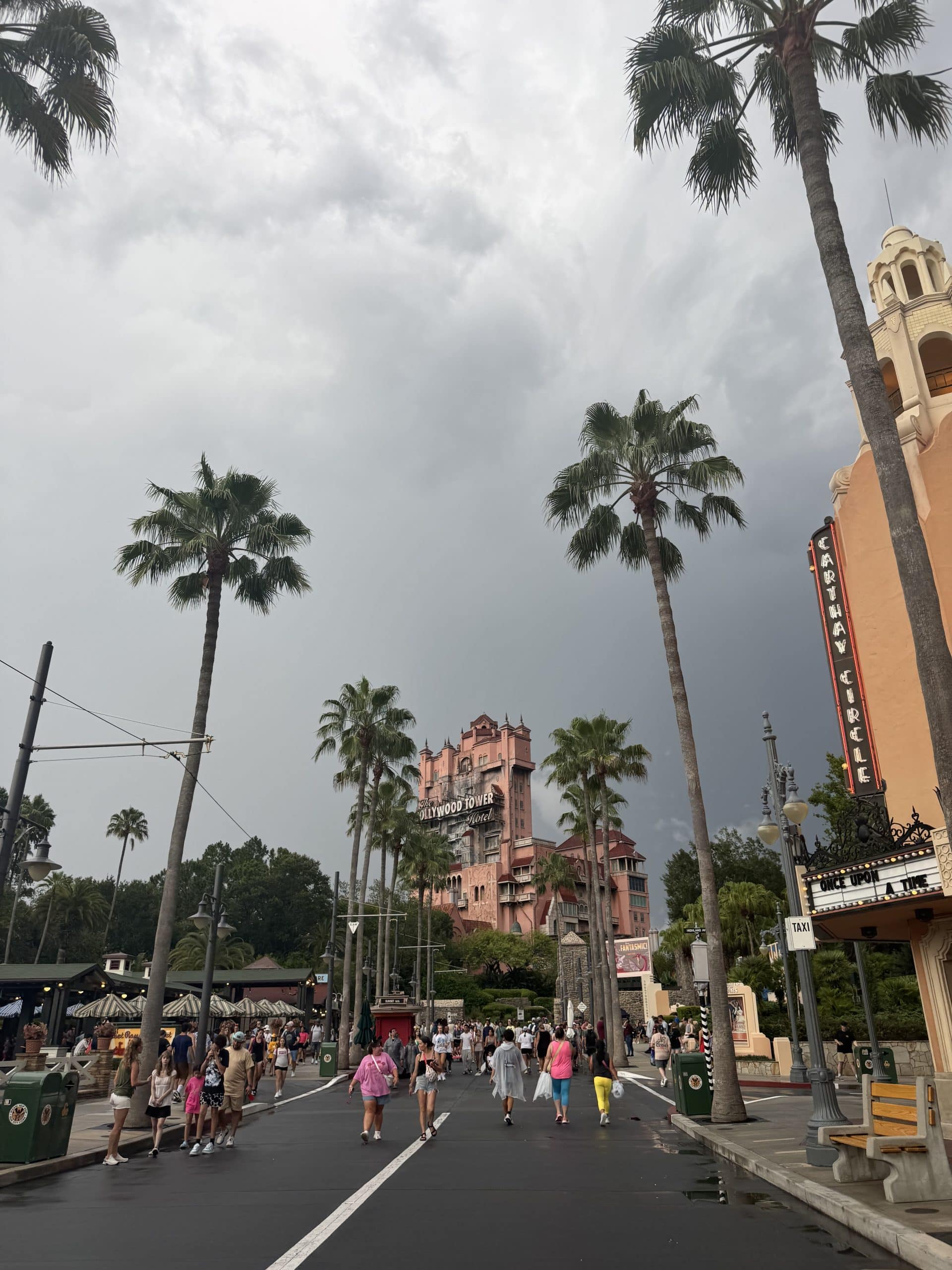 Tower of Terror at Hollywood Studios on a cloudy day