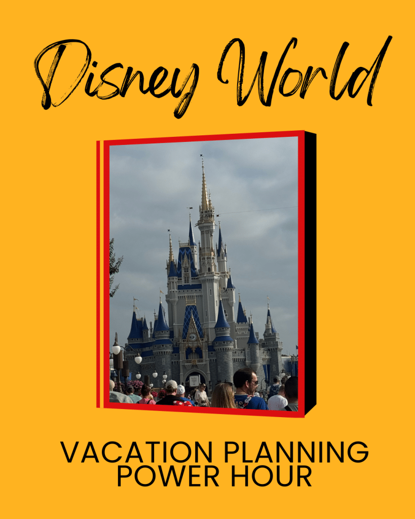 Mickey Mouse yellow background with the text "Disney World Vacation Planning Power Hour" and an image of Cinderella Castle